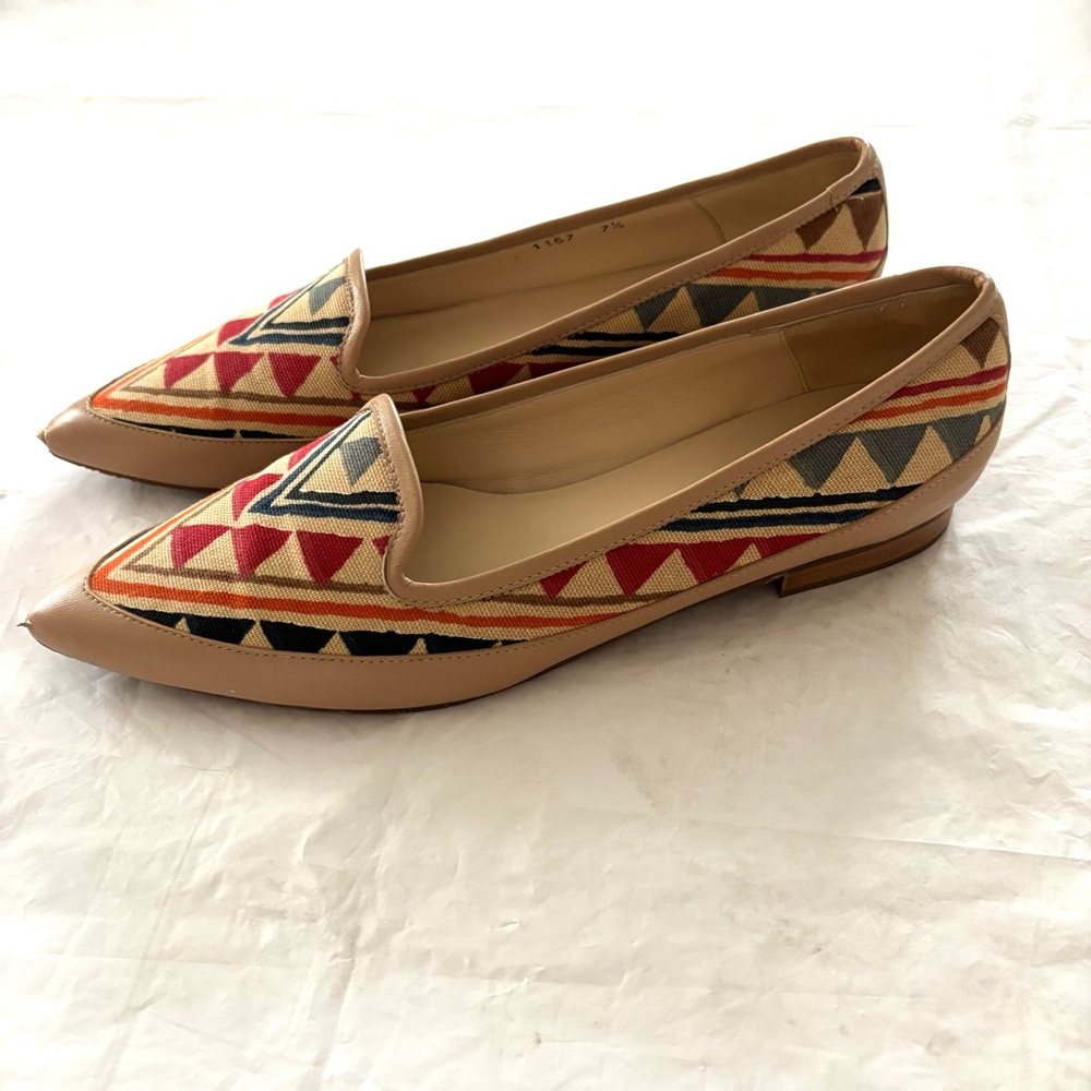 Jon Joseph David Natural Lrather and Fabric Cream Red Flats SZ 7 Worn 1X